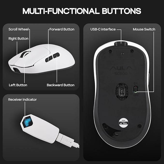 MechLands AULA SC800 Gaming Mouse with Adjustable 26,000 DPI, PAW3395 Sensor, 8000 Polling Rate, Dual-Mode Wireless Lightweight Mouse, Ultra-Precise & Durable for Gaming & Esports & Office Use (White)