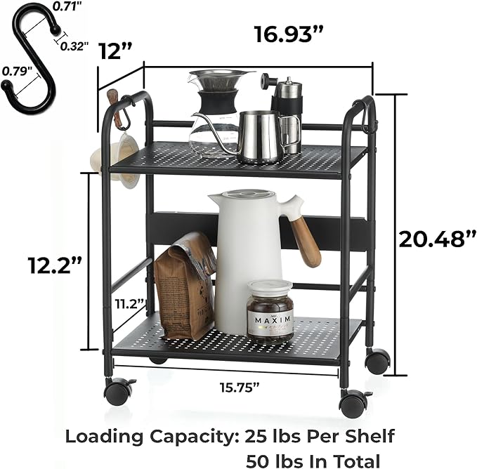 2-Tier Metal Rolling Cart, Under Desk Storage with 12.2" Shelf Clearance, Anti-Drop Guard & Hooks, Compact Utility Cart for Kitchen, Office, Laundry, Bathroom, Pantry, Living Room - Black