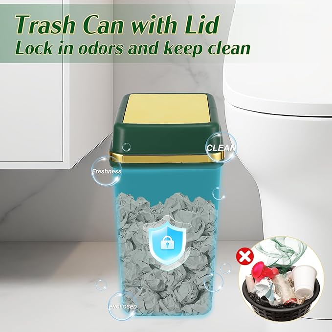 Bathroom Trash Can with Lid 4 Gallon Trash Can with Swing Lid Dark Green Small Garbage Can Bathroom Garbage Can with 300 Counts Trash Bags for Kitchen Bedroom Office