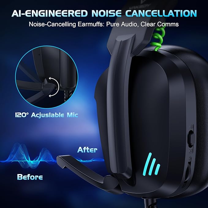 Vakedy Gaming Headset for PS5, PC, PS4, Xbox Series X, Switch, Wired Over Ear Headphones with Noise Cancelling Mic, Stereo Sound, Folding Design, 3.5mm Audio Jack(Black)