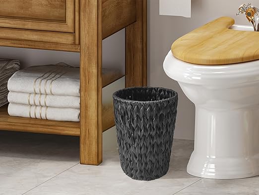 Coeusy Wicker Trash Can,Small Trash Can,Handwoven Waterproof Wicker Trash Basket,Round Garbage Can,Compact Waste Basket for Bathroom,Bedroom,Office,2 Gallon Black