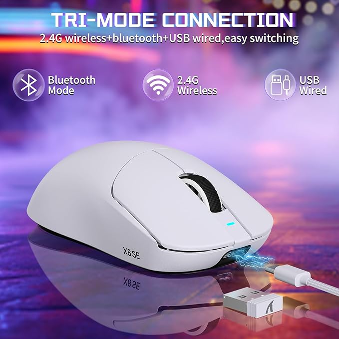 ATTACK SHARK X8SE Wireless Gaming Mouse,Adjustable 25K DPI PAW3311 Optical Sensor,Ergonomic 59g Lightweight,Triple Modes 2.4G/BT/USB-C Wired,500mAH Battery,5 Programmable Buttons for PC/Mac-White