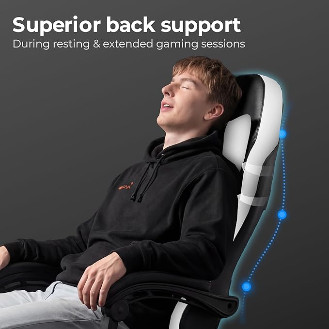 NEO CHAIR Video Gaming Chair with Footrest High Back Ergonomic Comfortable Office Computer Desk with Lumbar Support Height Adjustable with PU Leather Recliner for Adults Women Men (White)
