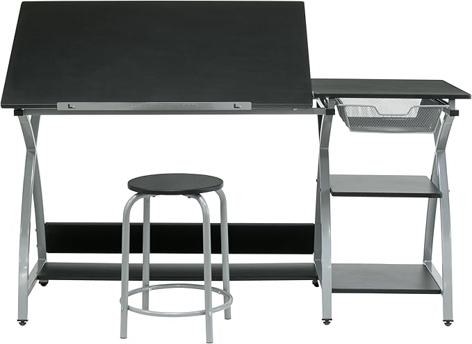 Deluxe Comet Craft Station with Stool, Adjustable Drafting & Art Desk with Storage Shelves, Pencil Ledge, Wire Mesh Drawer, 45° Tilting Top, Steel Frame, Silver/Black