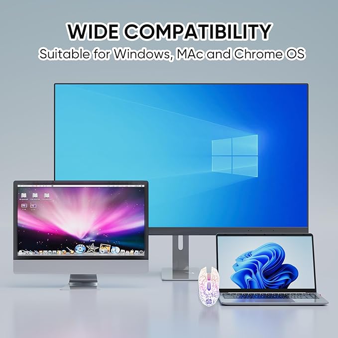 MELOGAGA Bluetooth Mouse Wireless Gaming Mouse, 2.4G Cordless RGB Rechargeable PC Game Mouse Computer Mice for Laptop Desktop -White