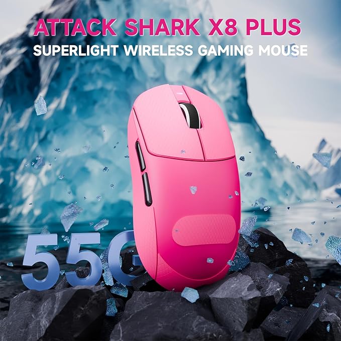 ATTACK SHARK X8Plus 55g Superlight Wireless Gaming Mouse with 40K DPI,PAW 3395PRO Sensor, Broadcom BK52820 Chip,HUANO Switch,Web Driver,Tri-Mode Fit Large Hand Mice with RGB Cable -Berry Red&Sticker