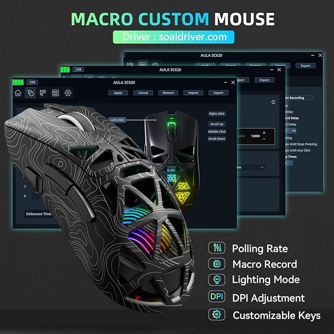 Aula SC620 Wireless Gaming Mouse, Tri-Mode 2.4GHz/USB-C/BT5.3 Computer Mouse with 12000 DPI, Programmable Macro Gamer Mouse with Rapid Fire Key, RGB Light Gaming Mice for PC/Laptop/Mac