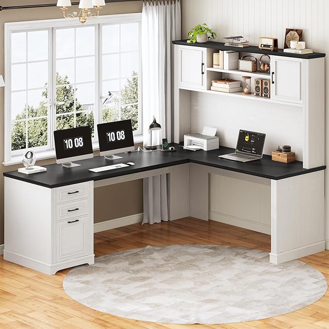 SEDETA Farmhouse L Shaped Desk with Hutch and 3 Drawers, 68.9" Executive Office Desk with File Drawer and Power Outlet, Corner Computer Desk with Storage Shelves for Home Office, White