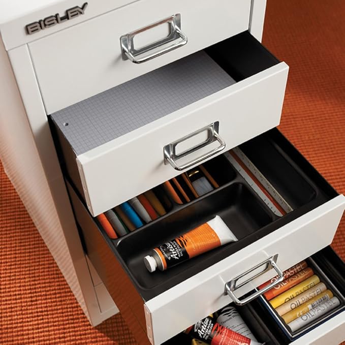 Bisley 5-Drawer Steel MultiDrawer Cabinet - Traffic White, Chrome Pull Handles with Label Holders, Powder-Coated Steel, Removable Drawers, Desktop Storage, Labels Included