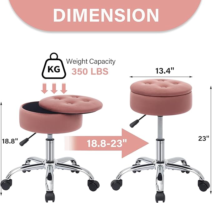 Gitrah Vanity Chair with Wheels Adjustable Vanity Stool with Storage Swivel Vanity Stool for Vanity Rolling Makeup Chair Pink
