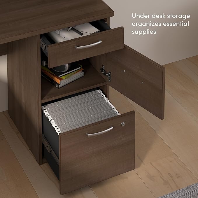 Bestar Logan 66W U-Shaped Desk with Hutch, Lateral File Cabinet, and Bookcase in Antigua