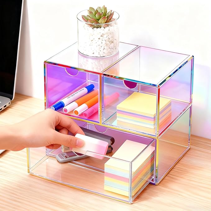 Gelite Desk Organizer with 3 Storage Drawers for Makeup Office Acrylic Desktop Drawer Organizer for Vanity Office Organization and Storage Box, Iridescent