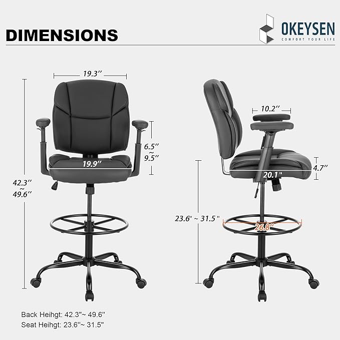 Okeysen Drafting Chair Standing Desk Chair, 500 LBS Leather Big and Tall Office Chair with Adjustable Armrests & Foot Ring, Modern Tall Desk Chair with Mid Back, Swivel Rolling Drafting Stool.