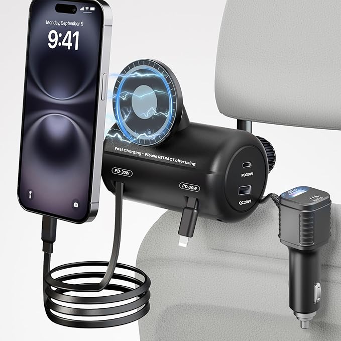 OHLPRO Backseat Retractable Car Charger Station, 6-in-1 Charging Box with Car Headrest Magnetic Mount Holder, 2-Port PD 20W/QC 20W Cigarette Lighter Adapter Fit for All Phones,Uber,Lyft,Taxi,Rideshare