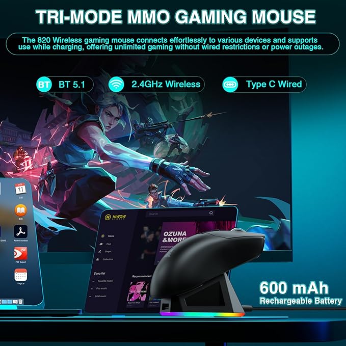 SOLAKAKA SM820 Wireless Gaming Mouse with RGB Charging Dock,24000 DPI Tri-Modes Wireless Mouse with 2 Side Buttons,Programmable Macro Mouse for Gaming(Black)