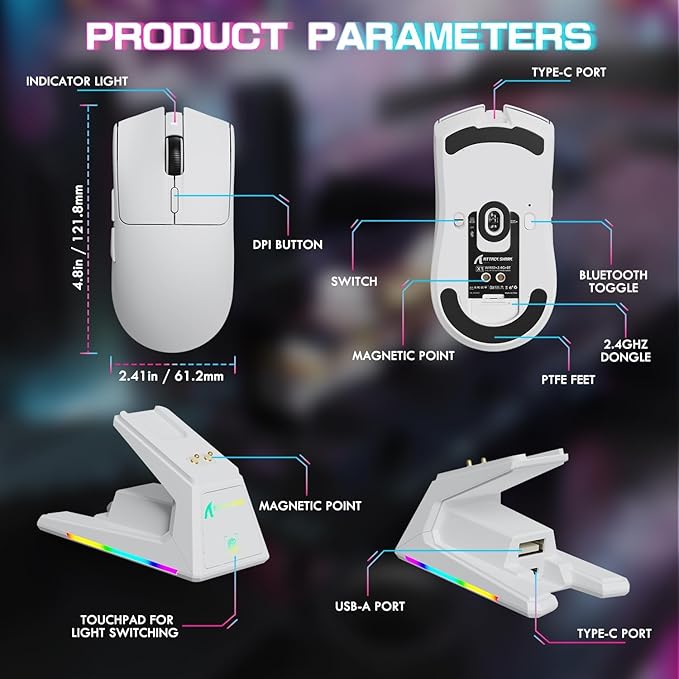 ATTACK SHARK X1 Ultralight Wireless Gaming Mouse with Magnetic RGB Charging Dock,PixArt PAW3395 Pro Sensor,40000DPI,BT/2.4Ghz/Wired,1K Polling,Optical Micro Switch,Web Driver for PC Mac Gamer(White)