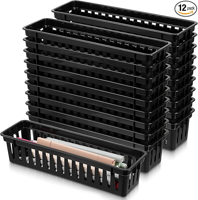 12 Pcs Slim Plastic Storage Baskets Tray, 10 x 3 x 2.4 Inch Black Small Narrow Storage Bins Stackable Desktop Stationery Holder for School, Classroom, Office, Home