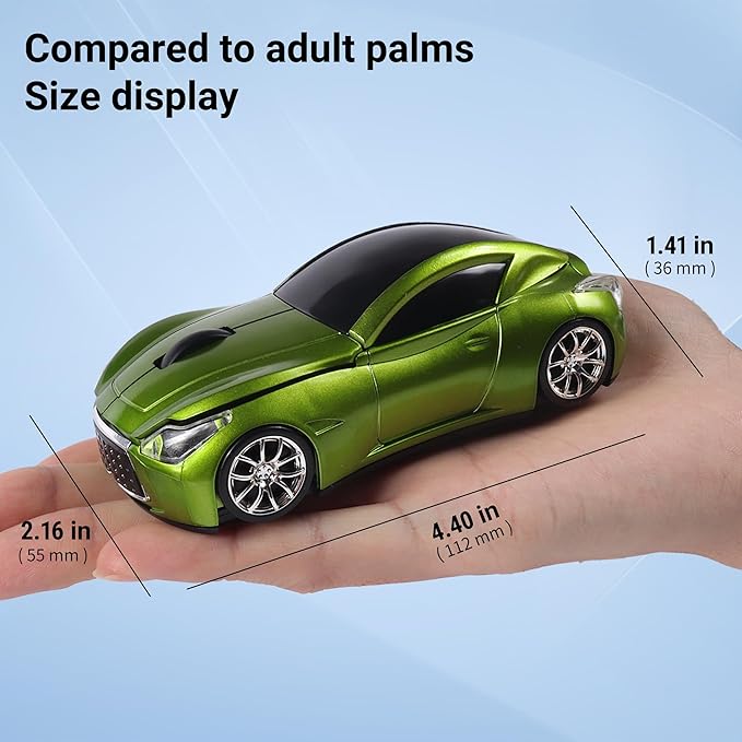 Elec Space Wireless Car-Shape Mouse With LED Headlights, 2.4G Unique for Kids, USB Receiver, 1600 DPI Cute Gaming for Laptop PC Computer - Green