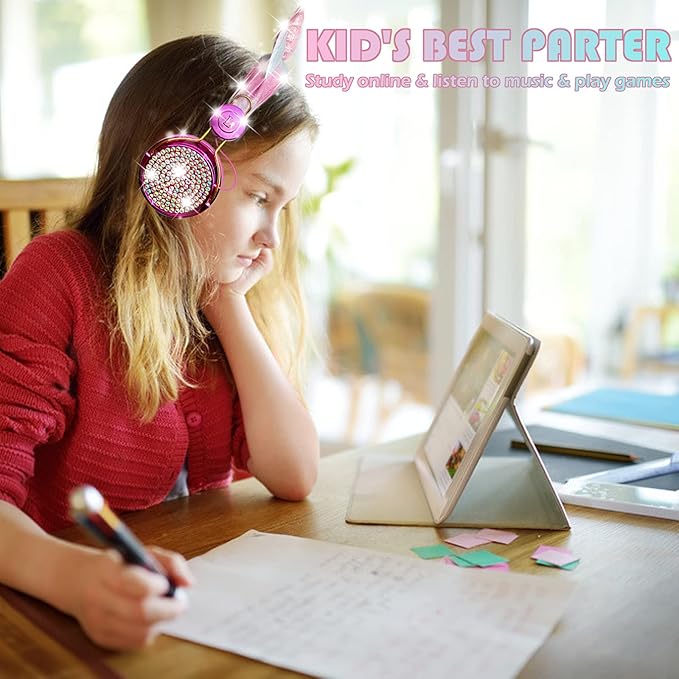 SVYHUOK Cat Ear Wireless Headphones for Kids with Mic, Bluetooth Over Ear Headset for School Cellphone Smartphones Laptop PC,FM&85db Volume liminted&LED Light,Wired Headset for School Home (Good)