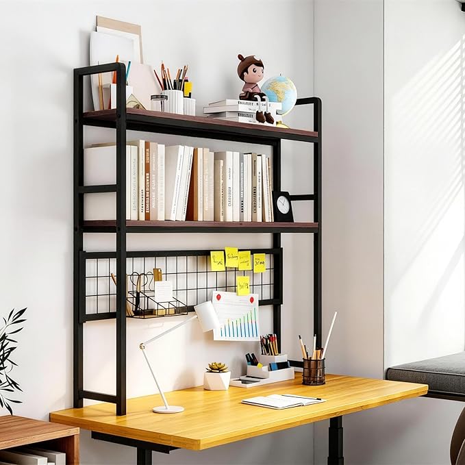 2 Tier Desktop Hutch Bookshelf, 39" Metal Dorm Desk Hutch with Grid Panel, Display Desk Shelf Bookcase Storage Organizer Rack for Dorm Home Office