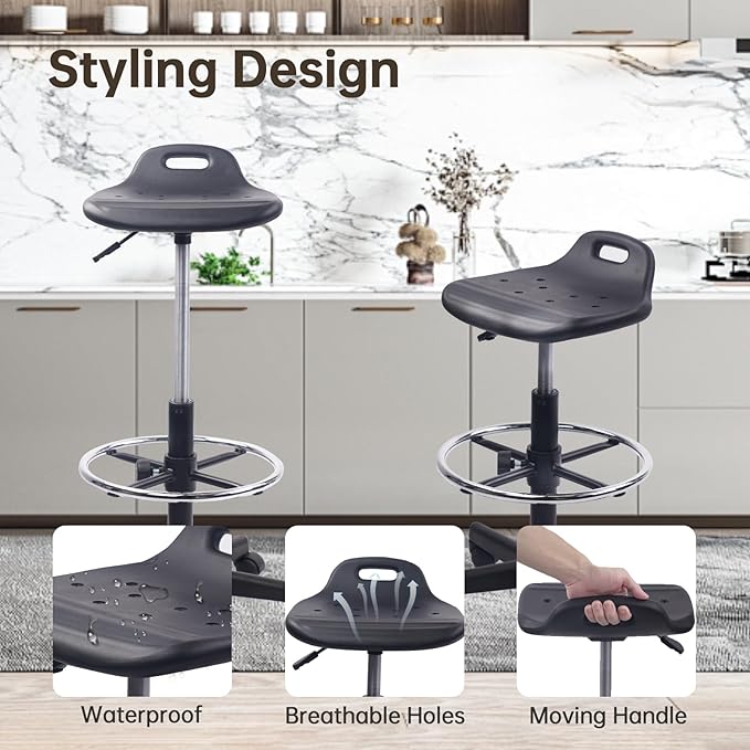 KLASIKA Adjustable Height Drafting Rolling Stool with Foot Rest Breathable Seat Cushion Swivel Chair, Multi-Purpose Work Stools for Nail Salon Office Bar Lab Counter Barber Kitchen Shop Black, 2PK