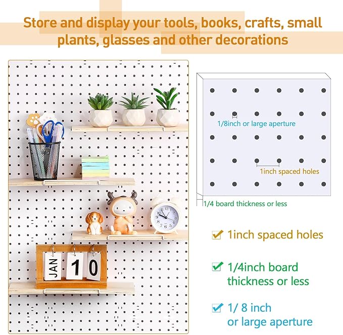 Wonderjune 4 Pcs Wooden Pegboard Shelves with Metal Pegboard Shelf Brackets Peg Board Display Storage Tray Wall Organizer Peg Board Accessories for Craft Room Home Kitchen (Brown,13.78 x 5 Inch)