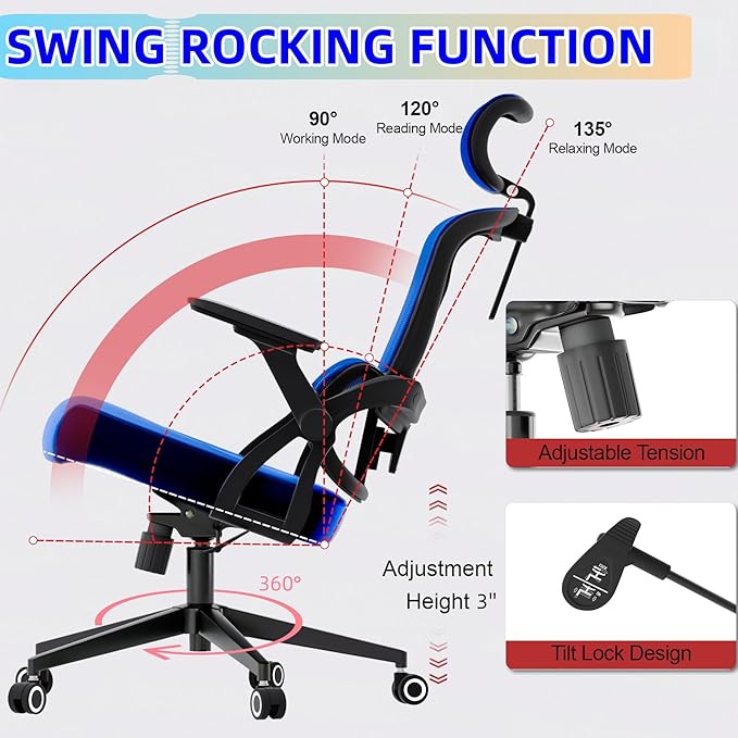 Ergonomic Office Chair - 350LB Comfy Desk Chairs with Adjustable Headrest and Lumbar Back Support, Mesh Computer Chairs with Wheels and Arms for Home Office, Study