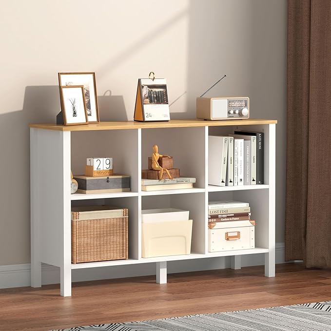 6-Cube Bookcase, Farmhouse Wooden Bookshelf Low Storage Organizer, 45" Horizontal White Console with Legs, Hallway Book Case for Entryway, Display Cabinet for Living Room (White, 6-Cube)