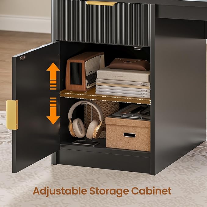 SEDETA 67" x 65" L Shaped Desk with Hutch, RGB LED Corner Computer Desk with Power Outlets, Fluted Home Office Desk with File Drawer, Storage & Glass Display Cabinets for Gaming & Working, Black