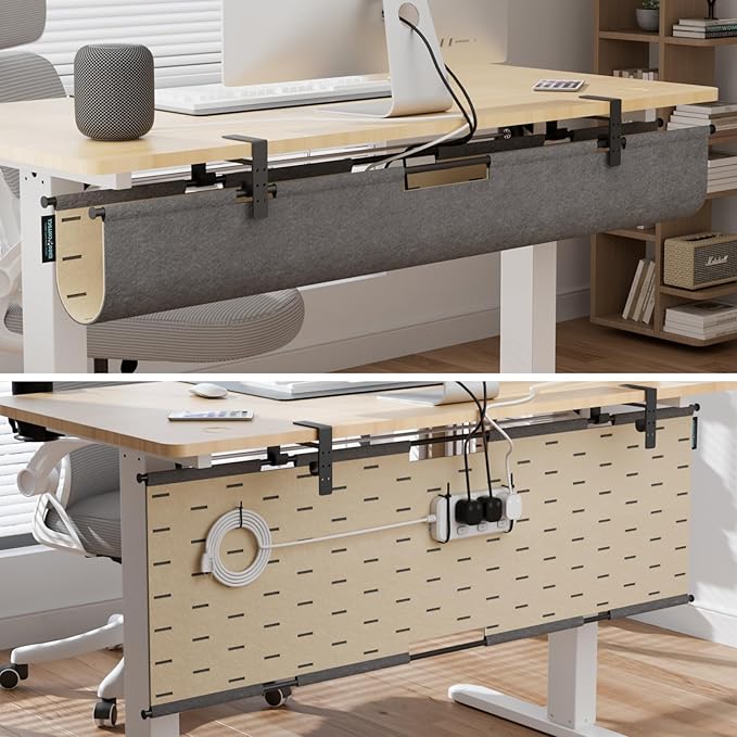 2-in-1 Under Desk Cable Management Tray & Privacy Panel, Dual-Sided Felt Cord Organizer to Hide Wires and Clutter, Desk Mount Cord Holder for Office and Home, Clamp or Screw Mount (Gray/Khaki, 45.2")