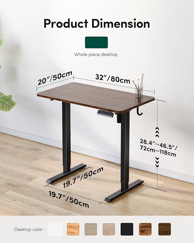 CubiCubi 32 x 20 Small One-Piece Standing Desk, Adjustable Height Electric Computer Home Office Sit Stand up Workstation, with 4 Memory Presets, Headphone Hook, Black Walnut