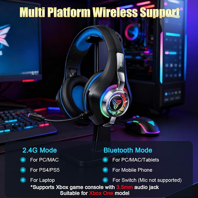 2.4GHz Wireless Gaming Headsets for PS5/PS4/PC/Switch/Xbox, RGB Noise Cancelling Over-Ear Headphones with 7.1 Surround Sound, 40mm Drivers, 276g Ultraligero, Memory Foam, 45H Gaming Headphones Black