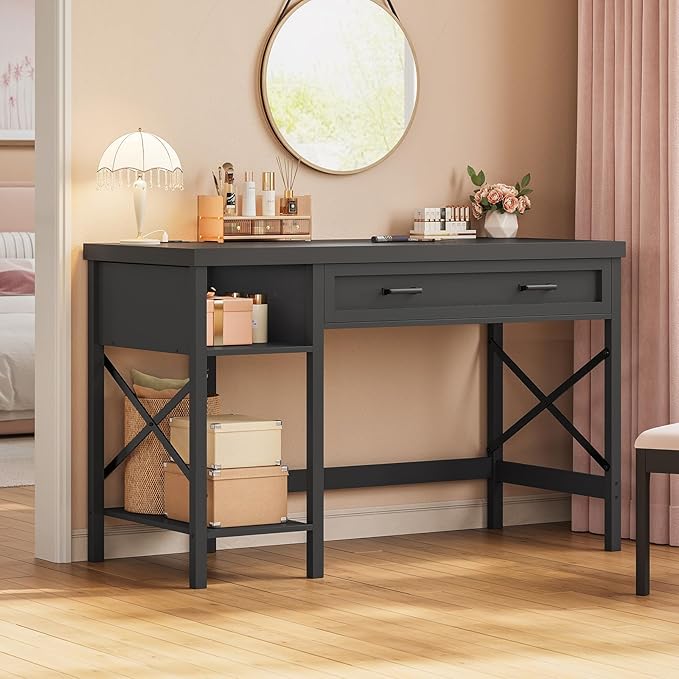 SEDETA 40" Small Computer Desk, Farmhouse Small Desk with Drawer & Storage Shelves, Writing Desk with Power Outlet, Study Table, Desk for Bedroom, Home Office, Black