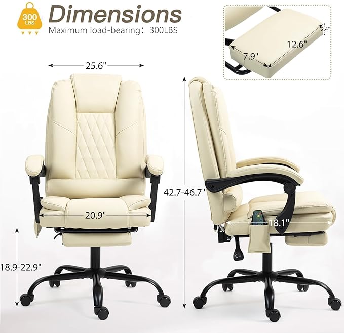 6-Point Heated Massage Office Chair with Footrest, Ergonomic Home Desk Chair with Lumbar Support, Executive High Back PU Leather Computer Chair with Armrest & Reclining, Beige