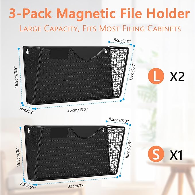 MFTEK Magnetic File Holder, 3 Pockets Magnetic File Folder Holder No Drilling Magnet Paper Mail Organizer Magazine Basket, Hanging Wall Storage Rack for Fridge Cabinets Office Classroom