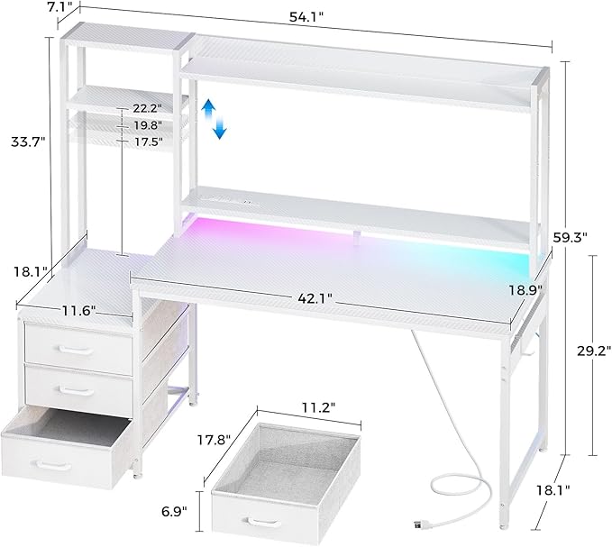 Casaottima 55 Inch Computer Desk with Hutch & 3 Fabric Drawers, White Desk with USB Ports & LED Lights, Reversible Pc Gamer Table with Monitor Stand for Home Office, White