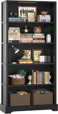 TVU 5-Tier Wooden Bookshelf, 65" Tall Farmhouse Style Open Bookcase, 31.5" W Standing Book Shelf with Storage, Suitable for Study, Living Room, Office, Blcak