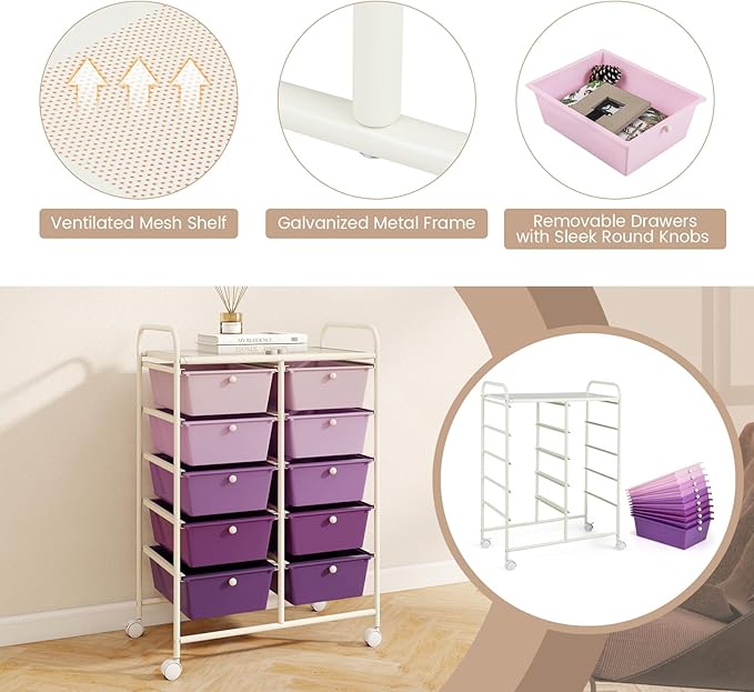 Moccha 10-Drawer Rolling Storage Cart - Under Desk Storage Drawers with wheels for Craft Art Supply Paper Salon, Scrapbook Paper Tools, Mobile Utility Cart for Classroom, Gradient Purple