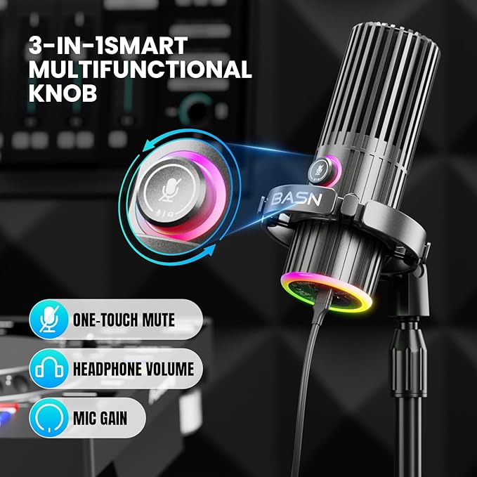 BASN USB/XLR Dynamic Microphone, Live Streaming, Gaming Recording with Three-in-One Mute Button,RGB Lighting and MIC Stand for PC (Gray) SL2000