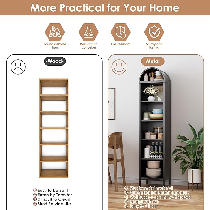 Aobabo Black Narrow Arched Bookshelf, 72.8" H Metal Arch Bookcase with 4 Adjustable Shelves, Open Display Arched Bookcase for Dining Room, Home, Office, Assembly Required