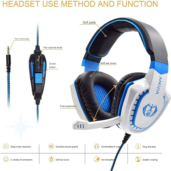 Anivia Computer Over-Ear Headphones with Mic, Wired Gaming Headset Compatible with PS4, PC, Xbox One, Laptop, Computer, 3.5mm Jack, Bass Surround, Soft Memory Earmuffs