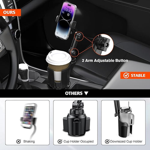 2 Pack Newlest 2 in 1 Phone Mount for Car Cup Holder with Adjustable Base, Phone Holders for Car Cupholder, No Shaking 360° Flexible Neck Phone Mount for All 4-7” Smartphones, Cup Holder for Bottles