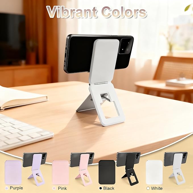 Magnetic Phone Stand, Compatible with All Smartphones 17/16/15/14/13/12 Series, Slim PU Leather Desk Stand with Angle Adjustment, Portable & Includes 1 Strong Magnetic Ring for Any Phone (White)