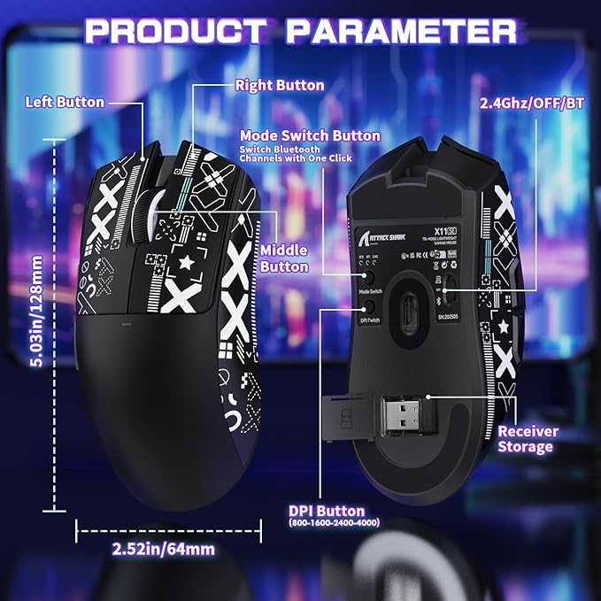 ATTACK SHARK X11SE Ultra-Light Wireless Gaming Mouse,22000 DPI,Tri-Modes BT5.2/Type-C Wired/2.4G,PixArt PAW3311 Gaming Sensor,5 Programmable Buttons for Laptop,PC,Mac Gamer(Black&Sticker)