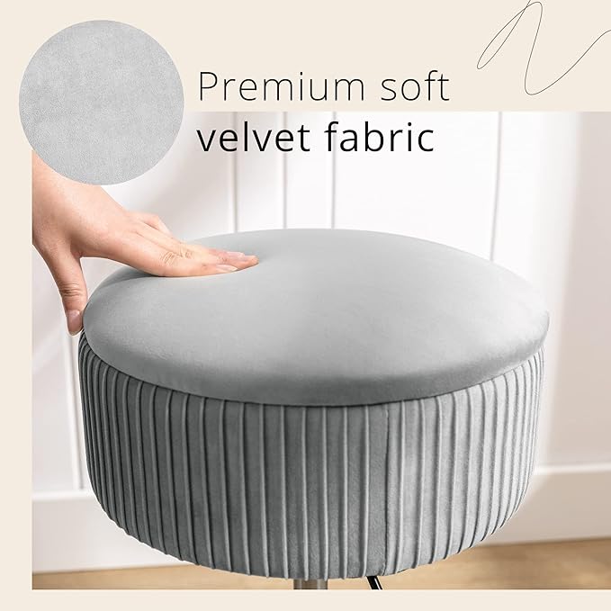 LUE BONA 360°Swivel Vanity Stool Chair for Makeup Room, Height Adjustable Stool for Vanity with Storage, Small Grey Velvet for Bathroom, Living Room