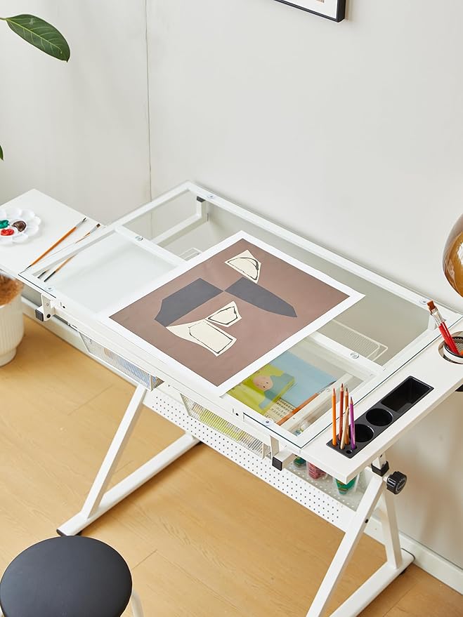 CuisinSmart Drafting Table w/Stool Height Adjustable Multifunctional Art Craft Diamond Paintings Work Station w/2 Storage Drawers Artists Desk Tilting Glass Tabletop for Home Office White