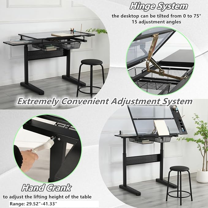 Drafting Desk with Stool, Upgraded Hand Crank Adjustable Height Art Table with Storage, 0-75° Tilting Glass Tabletop Drawing Table for Artists, Ergonomic Design for Painting, Sketching, Black