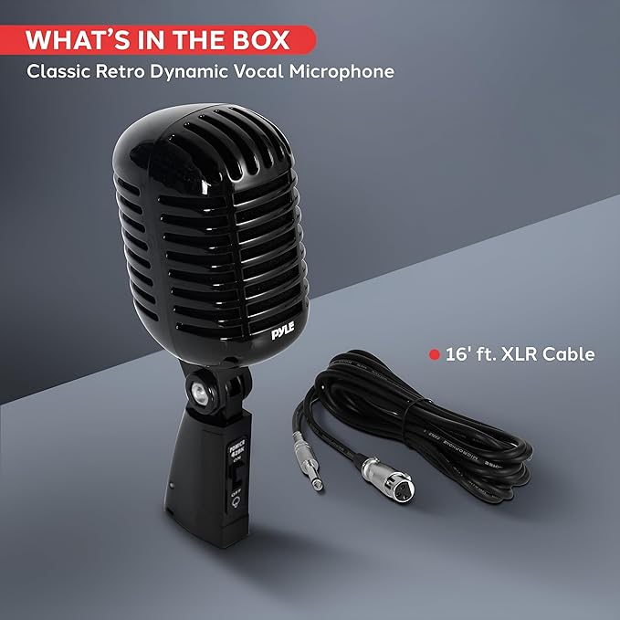 Pyle Classic Retro Dynamic Vocal Microphone - Old Vintage Style Unidirectional Cardioid Mic with XLR Cable - Universal Stand Compatible - Live Performance, In Studio Recording, Black