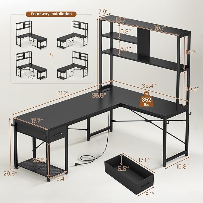 SEDETA L Shaped Gaming Desk, 51.2" Reversible Small Corner Desk with Drawer, Power Outlet & LED Lights, Computer Desk with Storage Shelves for Small Space, Black