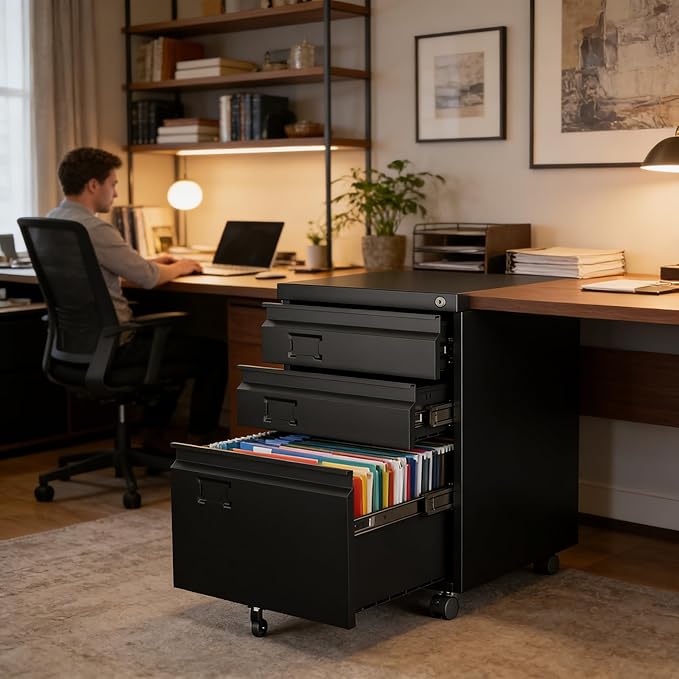 SUXXAN 3 Drawer Mobile File Cabinet with Lock, Heavy Duty Steel Under Desk Filing Cabinet for Letter/Legal/A4 Size, Fully Assembled Except Casters, Anti-Tip Design for Home Office